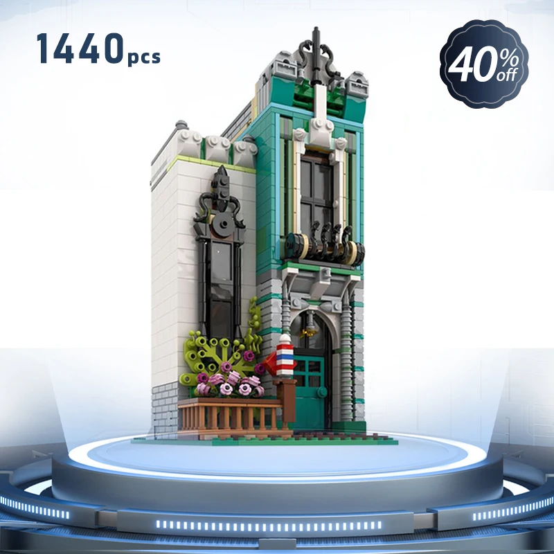 

Green Townhouse Moc Building Blocks DIY Assembly Construction Toys Gifts Modular Street View Corner Building Technical Bricks