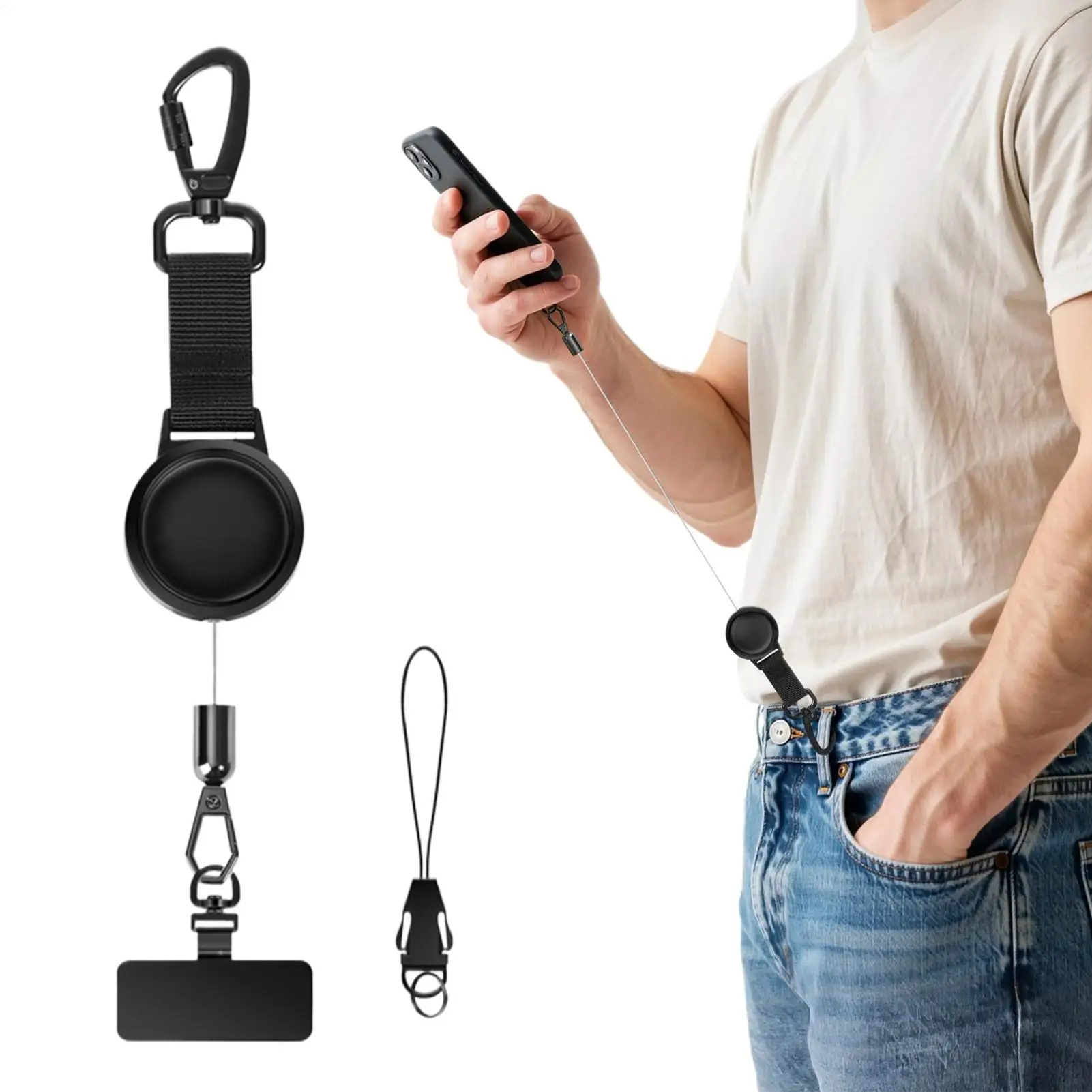 Retractable Anti-Theft Phone Lanyard with Locking Carabiner & 360° Rotating Hook