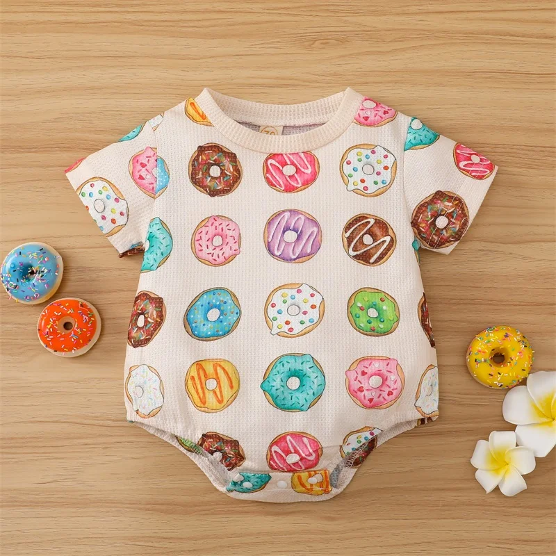 

0-12Months Newborn Baby Boys Girls Summer Romper Cute Doughnut Print Short Sleeve Crew Neck Bodysuit Short Jumpsuit Outfits
