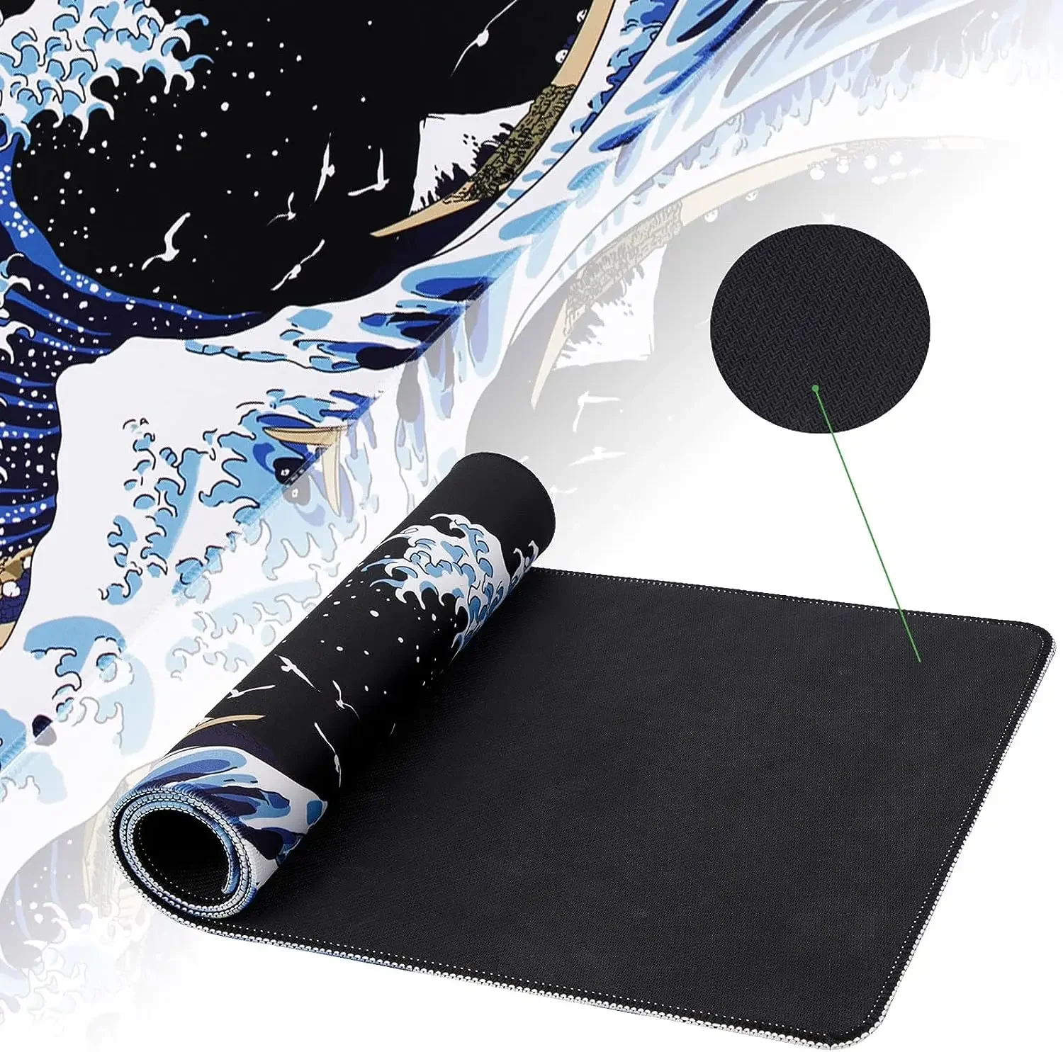 Gaming Mouse Pad Sea Wave Big Mice Pad PC Keyboard Non-Slip Super Large Computer Rubber Table Mat Kanagawa Surfing Black
