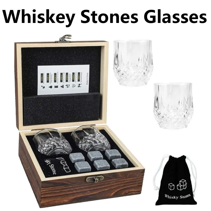 Whiskey Stones Glasses Set Granite Ice Cube Glass Cup Wooden Bottle Box Fathers Day Gifts for Dad whiskey stones set