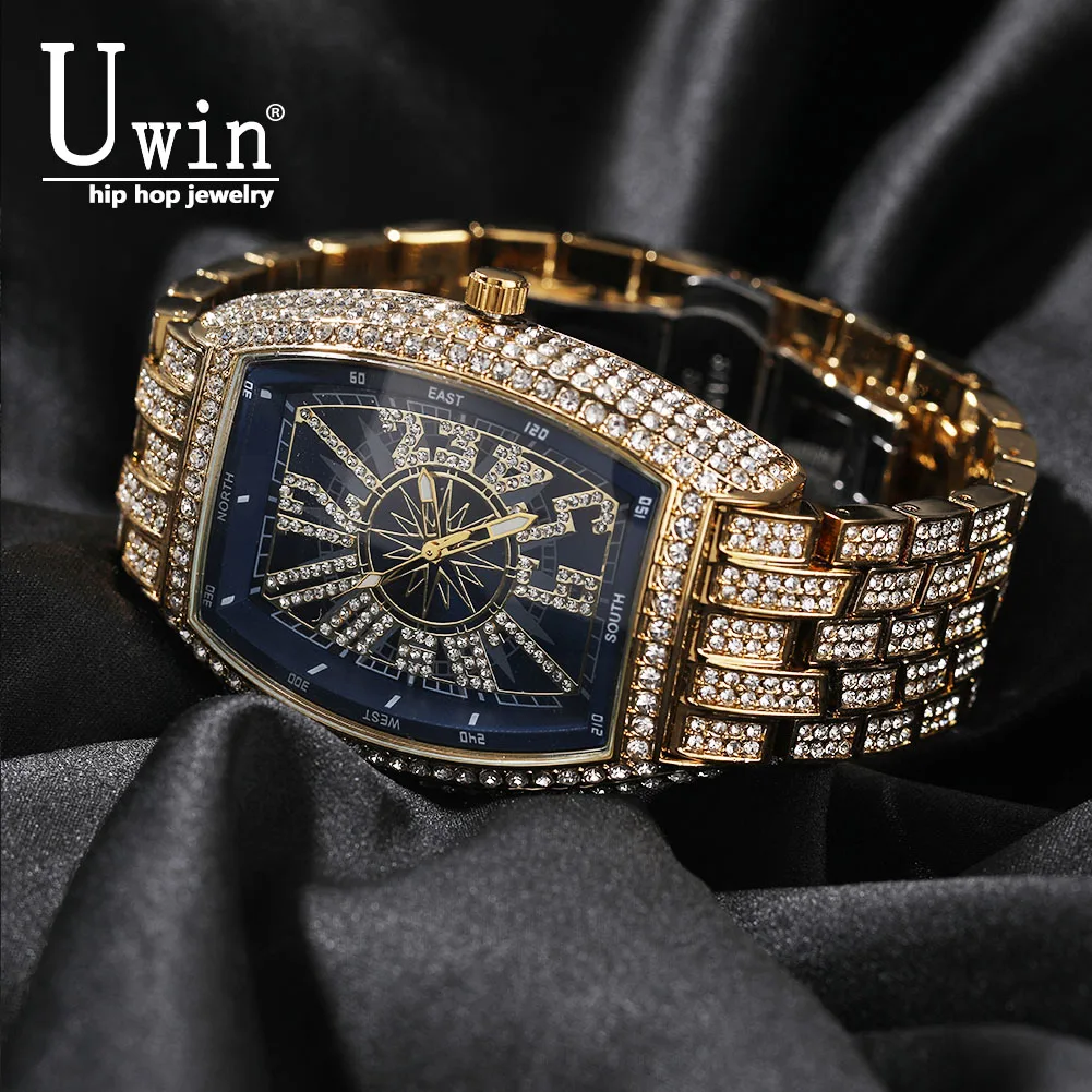 UWIN Rectangular Dial Watches Full Iced Out Full Drill Men Stainless Steel Hip Hop Luxury Watch Rhinestones Quartz Business