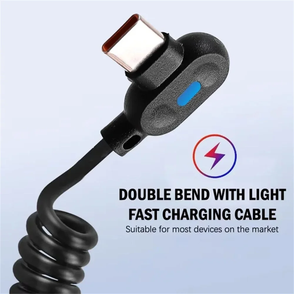 6A Stretchable Spring Charging Cables Double Bend Data Cables For iPhone 15 Samsung S25 S24 Xiaomi 14 Huawei USB to Type C Wires