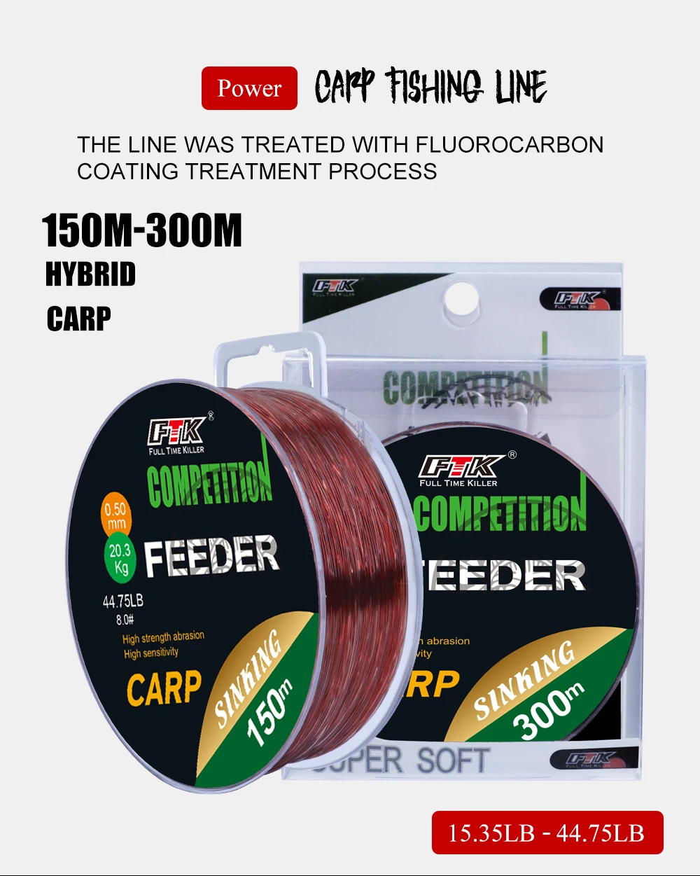 Description Picture 2 of itemFTK 150M/300M Super Strong Nylon Fishing Line 0.14MM-0.50MM Fluorocarbon Coating Monofilament Carp Fishing Line 15.35LB-44.75LB