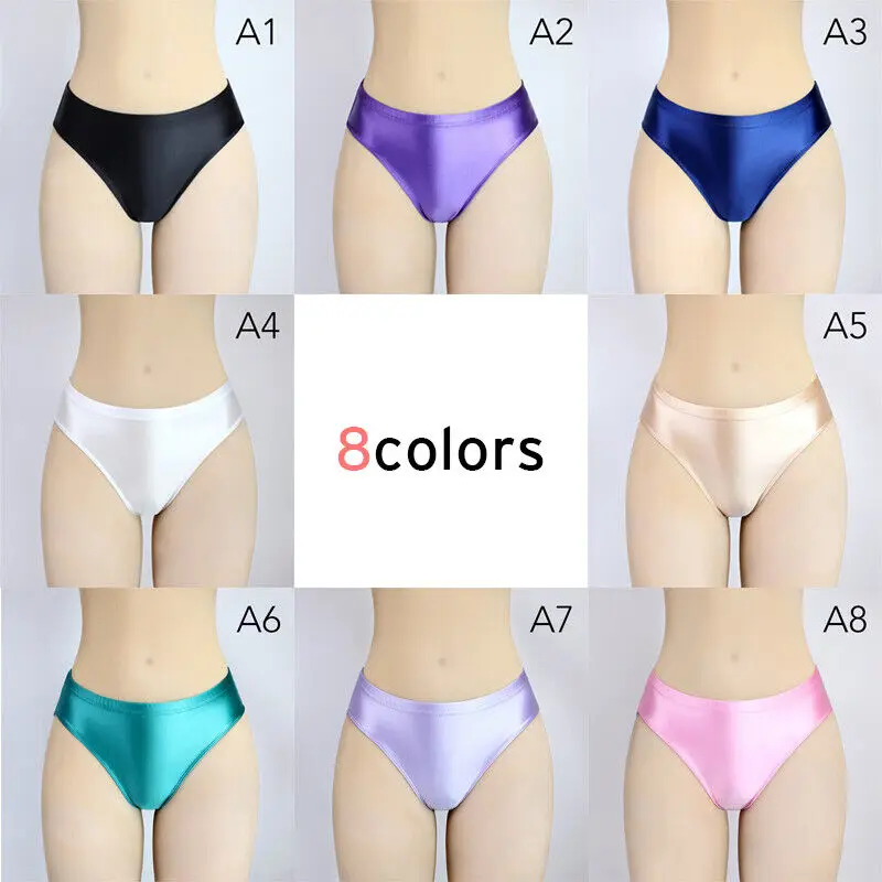 Womens Shiny Glossy Briefs T-Back G-String Thong Sexy Panties High Waist Transparent Stretchy Satin Underwear Swimsuit Bottoms
