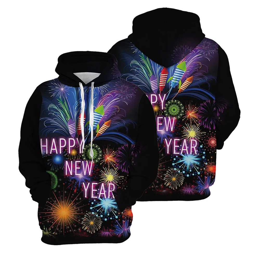 

2024 Happy New Year Firework Men's Hoodie Long Sleeve Hooded Sweatshirt Fashion Streetwear All Body 3D Printed Unisex Clothing