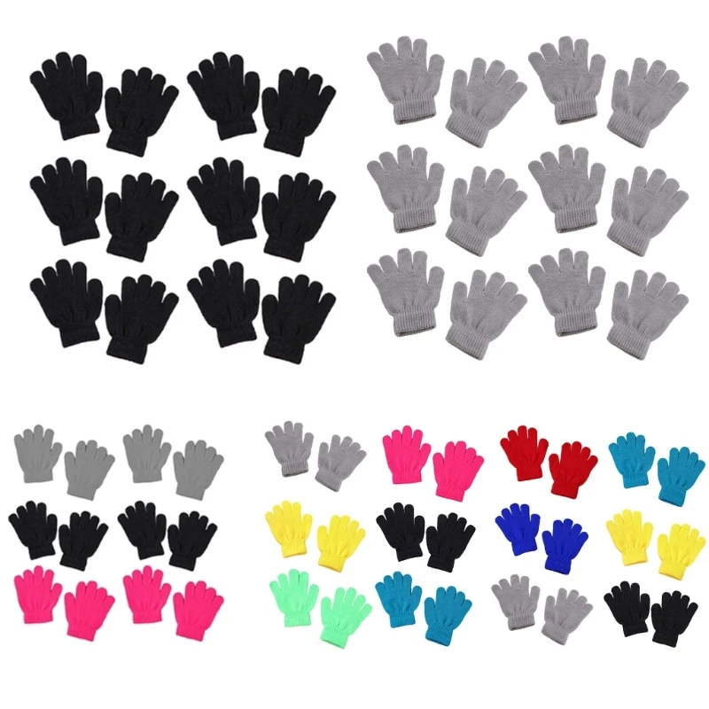 

6 Pairs Children Kids Winter Knitted Full Finger Gloves Student Solid Color Outdoor Cycling Warm Mittens