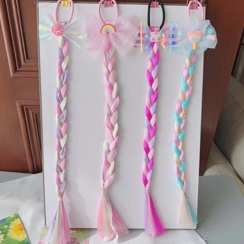 Kids Girl Unicorn Cute Wigs Ponytail Candy Color Cartoon  Butterfly Bow Ponytail Hair Styling Rubber Bands Headwear Braid 3