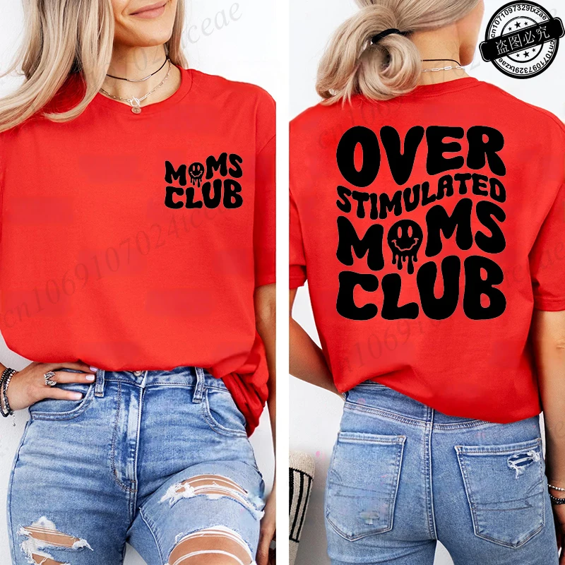 Damen-T-Shirt „Over Stimulated Moms Club“ – Lässige Sommer-T-Shirts mit kurzen Ärmeln für Mütter – Oberteile für Frauen