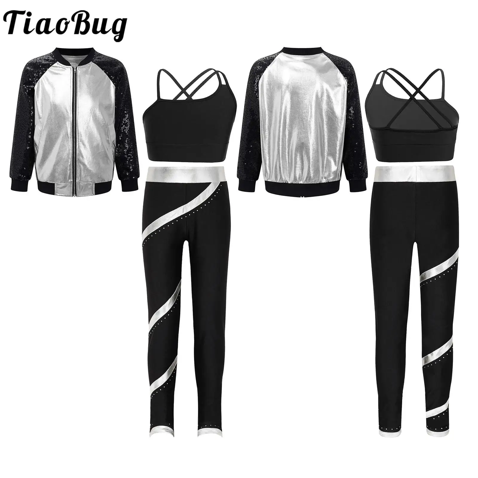 

TiaoBug Kids Girls Sports Set 6 to 14 Years Asymmetrical Straps Vest with Metallic Long Sleeve Zipper Jacket Patchwork Pants Set