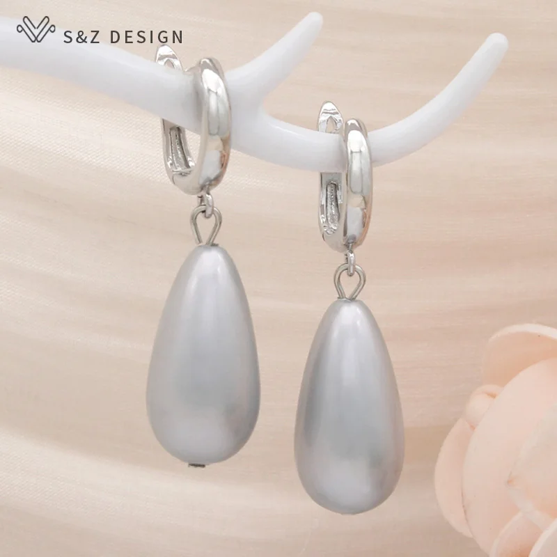 S&Z DESIGN New Fashion 585 Rose Gold Color Long Water Drop Simulated-pearl Dangle Earrings For Women Wedding Party Jewelry