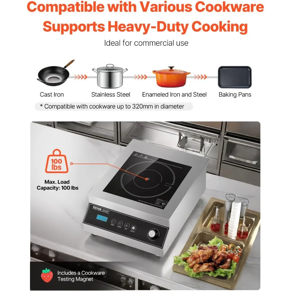 Stainless Steel 5000W Portable Induction Cooktop with 16 Adjustable Temperature Settings