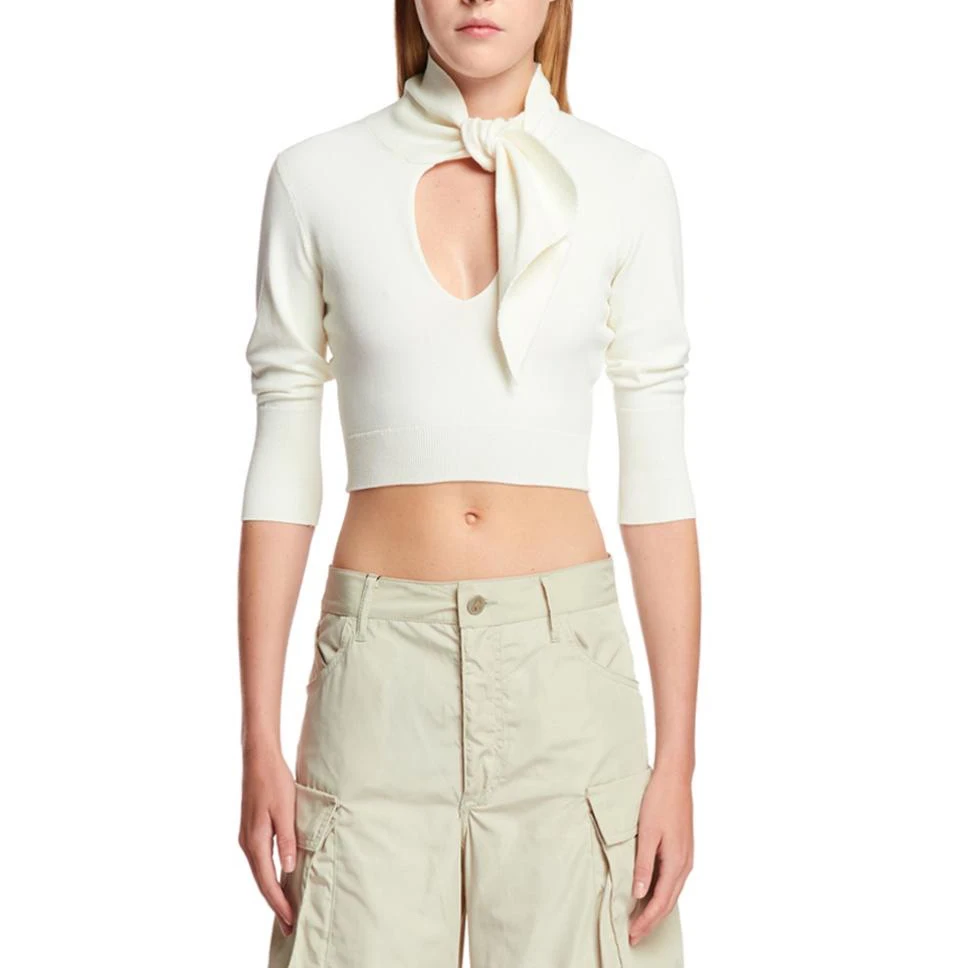 

Bow tie white knit top simple versatile y2k short revealing seven-quarter sleeve Women's sweater 2023 fall new