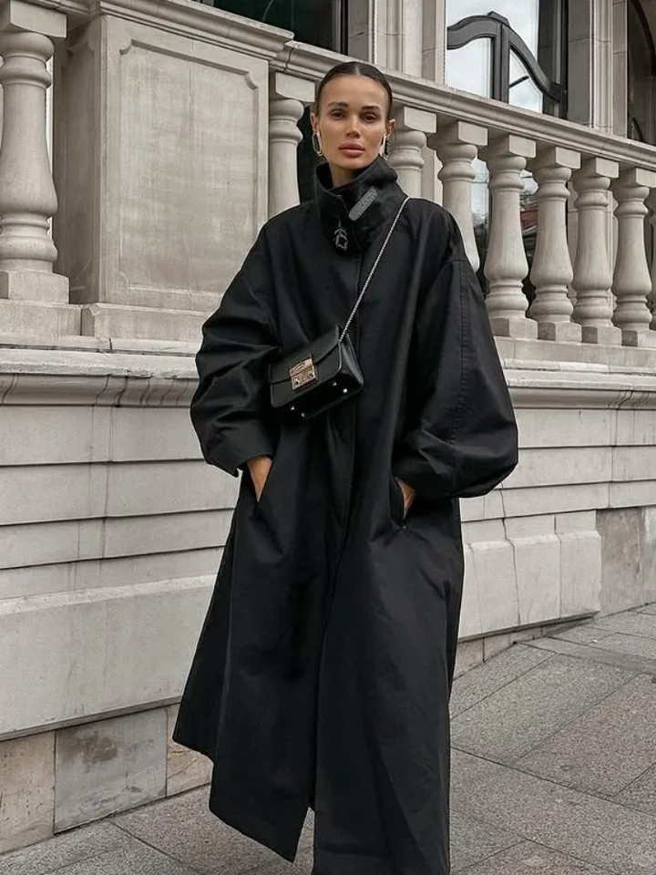 Black Stand Collar Trench Coat Women Casual Long Sleeve Single