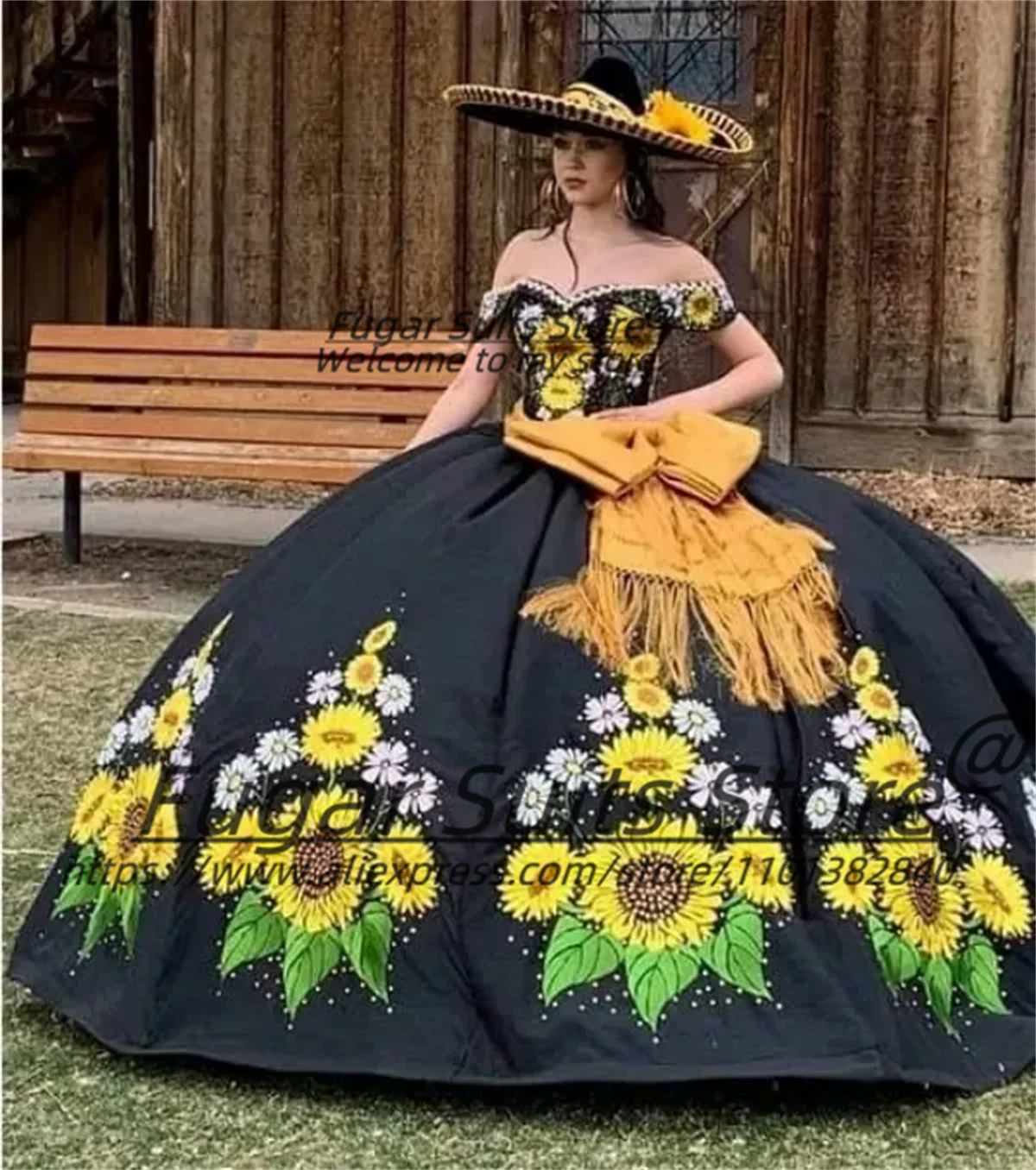 Mexican Embroidered Sunflower Quinceanera Dresses Bow Ball Gown Off Shoulder Sweet 16 Dresses