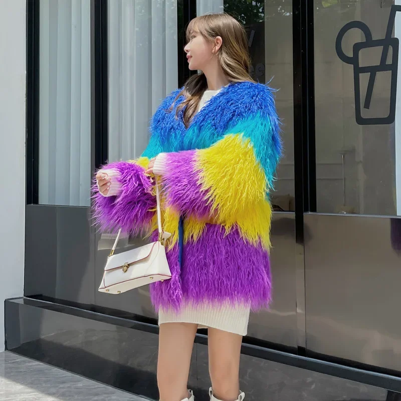 European and American Fur Imitation Beach Wool Medium Length V-neck Gemstone Sky Blue Yellow Purple Contrasting Fur Patchwork