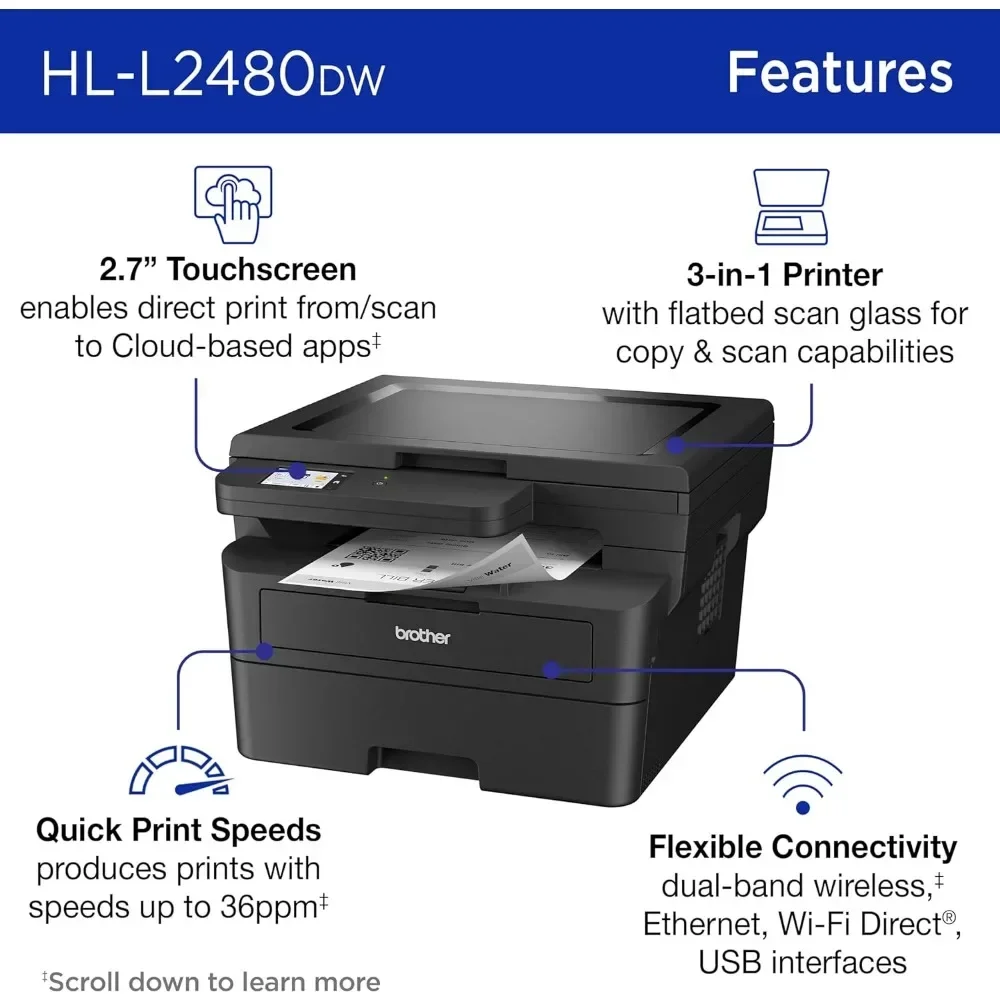 HL-L2480DW Wireless Compact Monochrome Multi-Function Laser Printer with Copy and Scan, Duplex, Mobile 3