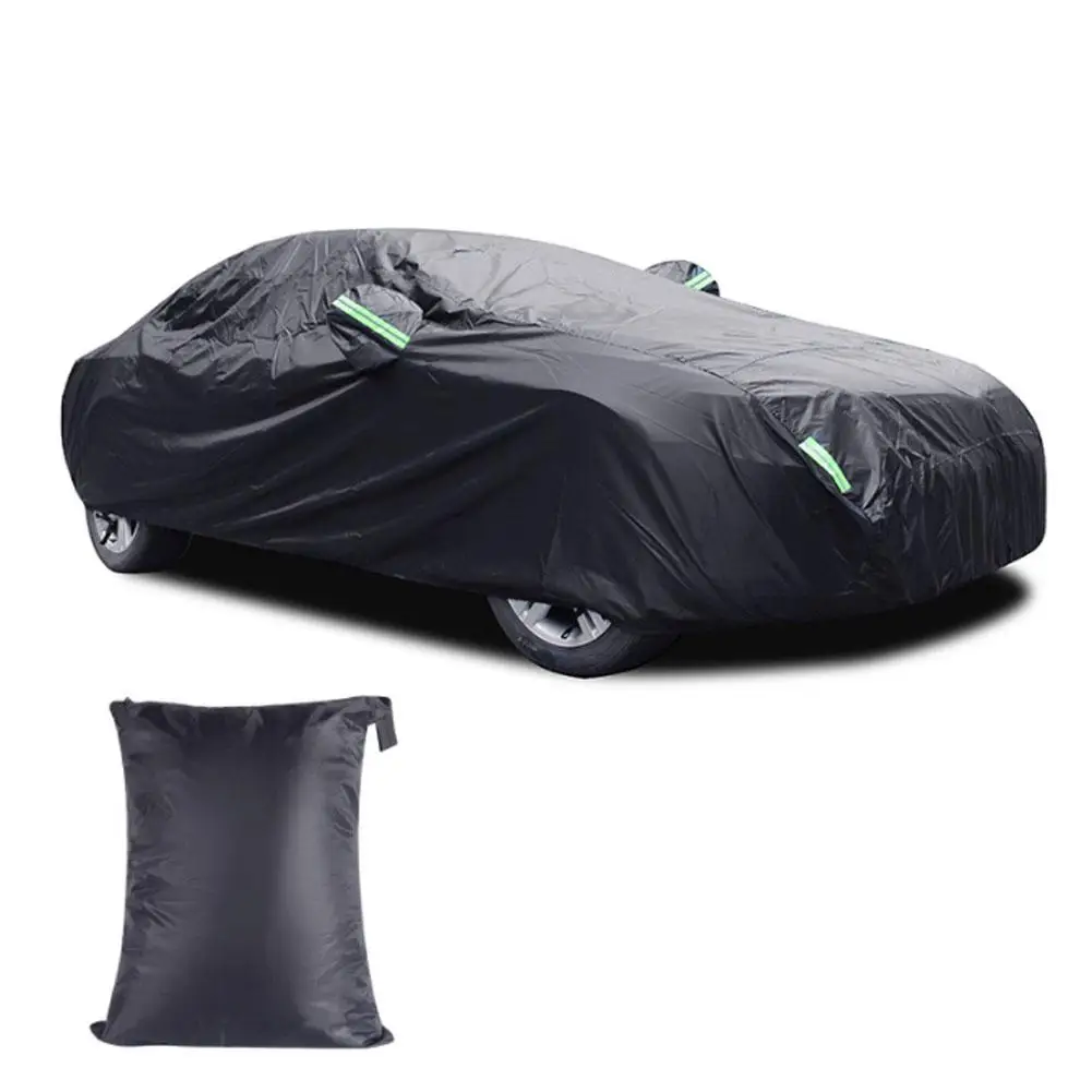 

Car Cover All Black 190t Silver Coated Cloth Rainproof Sunscreen Protector Exterior Snow Covers Reflective Strip