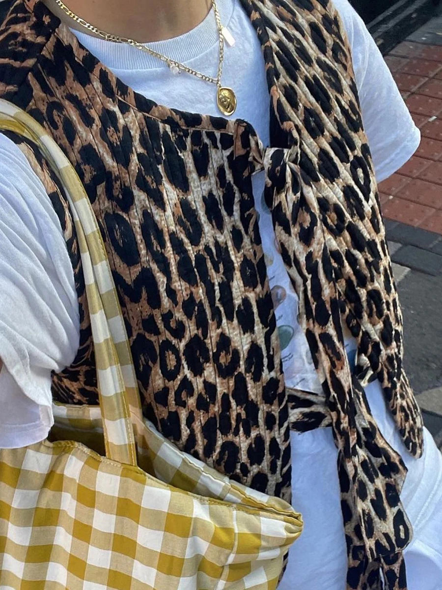 2024 New Women's Leopard Print Waistcoat Bowknot Front Sleeveless V-Neck Vest Casual Jacket Cardigan 5