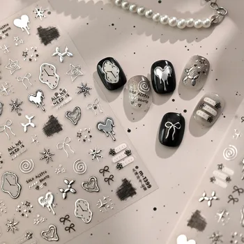 Silver Metallic Metal Graffiti Gray Y2K Symbol 5D Nail Stickers Cute Stars Bow Nail Art Stickers DIY Nail 3D Decorations Decals 1