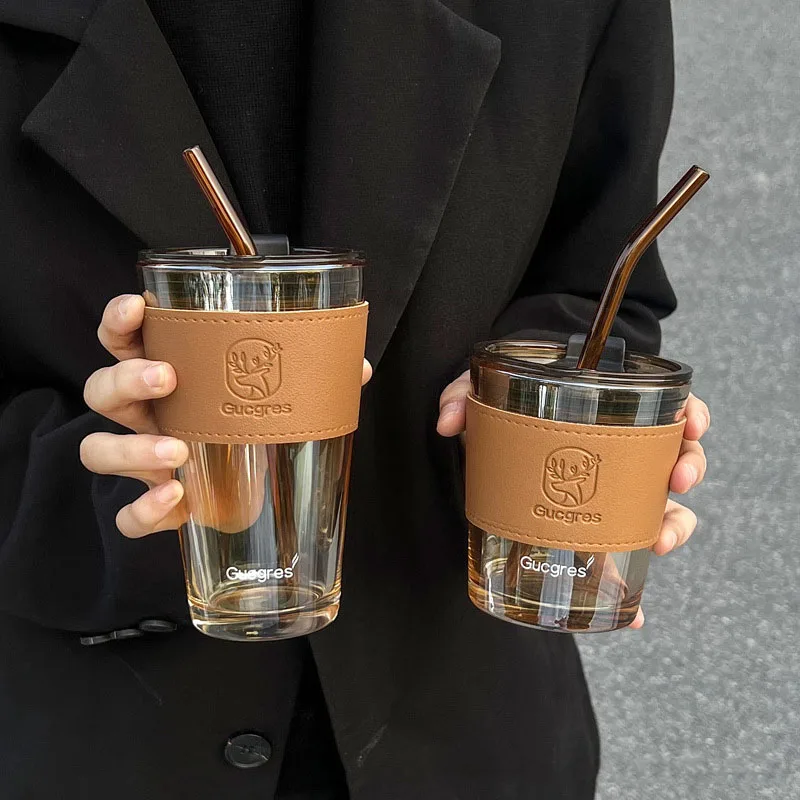 

Glass Cup With Straw And Lid INS Style Summer Coffee Drinkware High Temperature Resistant And Transparent Office Household Mug