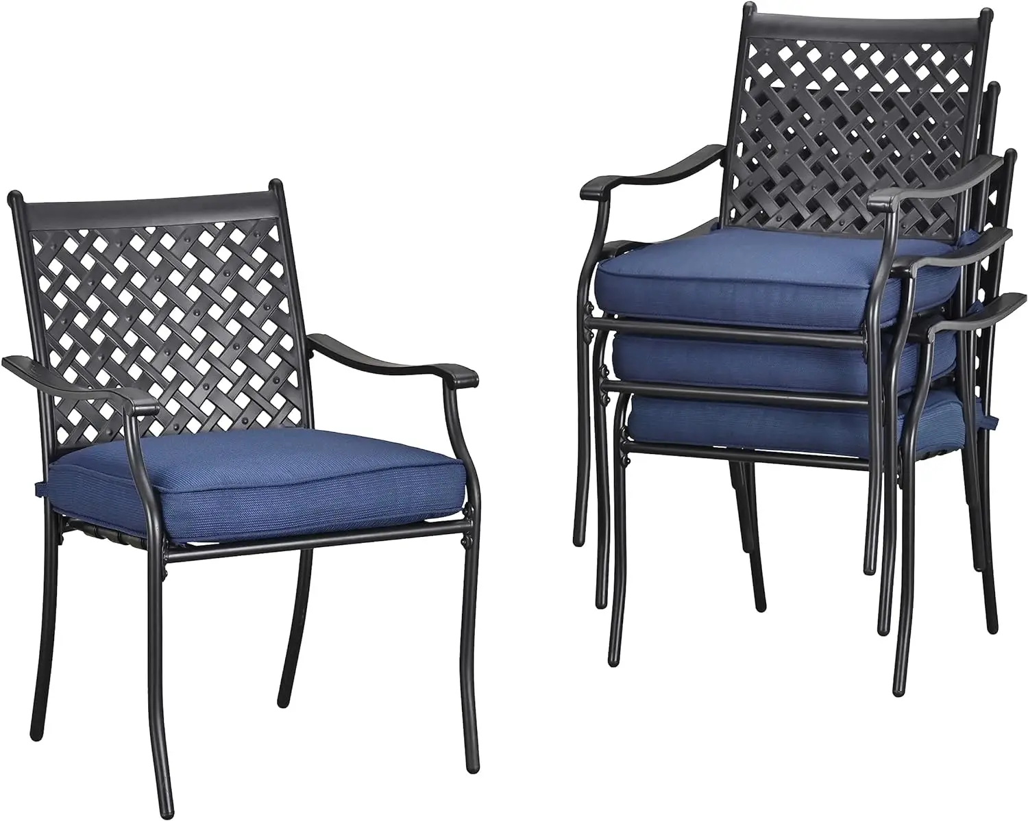

LOKATSE HOME 4 Piece Outdoor Patio Metal Wrought Iron Dining Chair Set with Arms and Seat Cushions - Blue