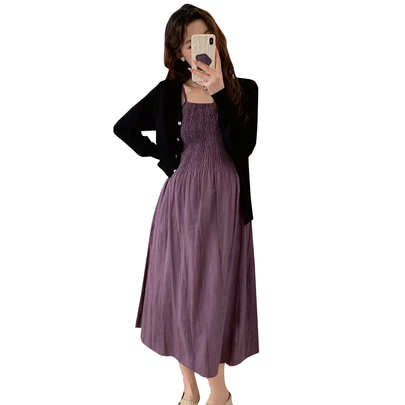 Spring Maternity Dress Suits Long Sleeve Cardigans Strap Dress Twinset Pregnant Woman Clothing Set