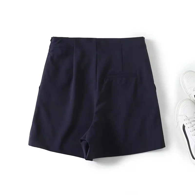 Dave&Di British Ladies Double Breasted High Waist Shorts Commuting Elegant Casual Simple Bermuda Shorts Women