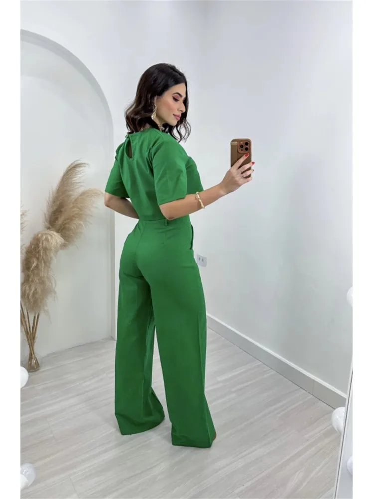 Trendy Solid Color Pants Set Women Half Sleeves Cropped Top High Waist Wide Leg Trousers Two Piece Sets Lady Commuting Clothing