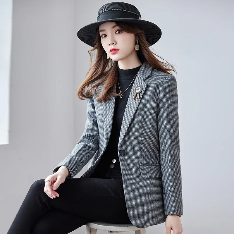 High quality blazer for women plaid jacket wool blend single breasted spring 2024 elegant fashion clothes - grey brown