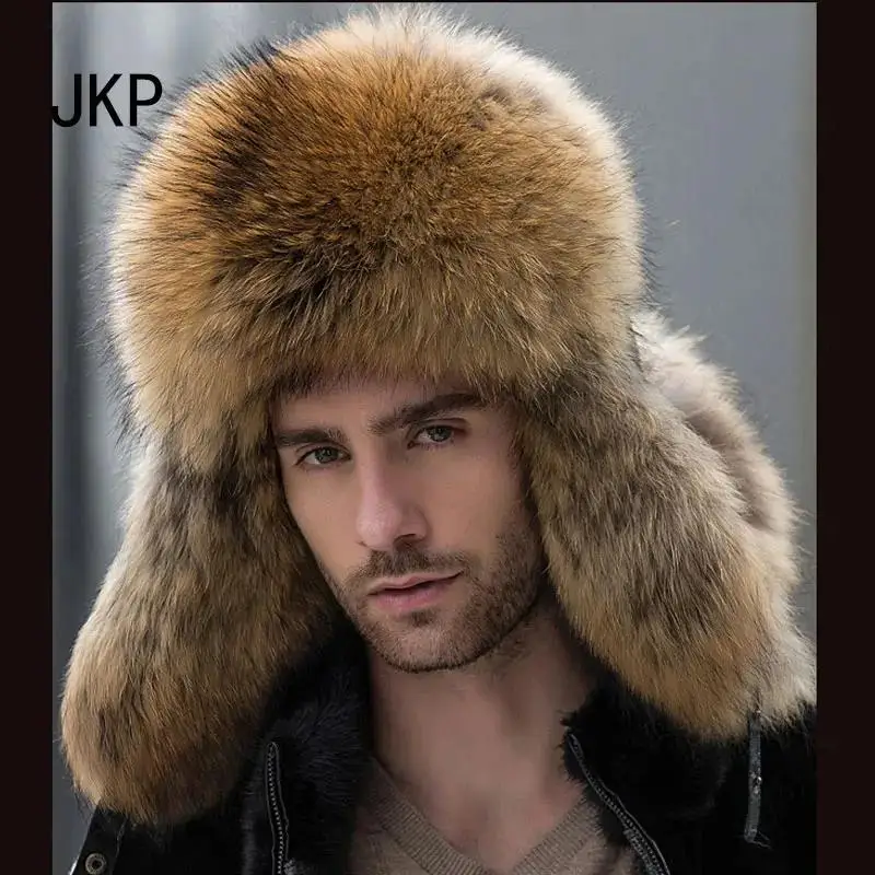 

Hot Sale Leather Winter Hats Man Thicken Be Cold-Proof Warm Raccoon fox Fur Integrated Hat Beanie For Men Luxury Cap