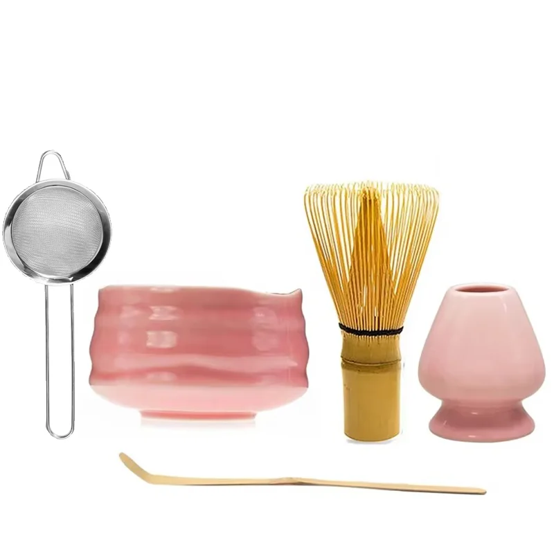 1/3/4/5pcs Japanese Ceramic Glossy Pink Matcha Bowl Macha Tea Whisk Chawan Chasen Holder Scoop Sifter Cup Ceremony Gift Set