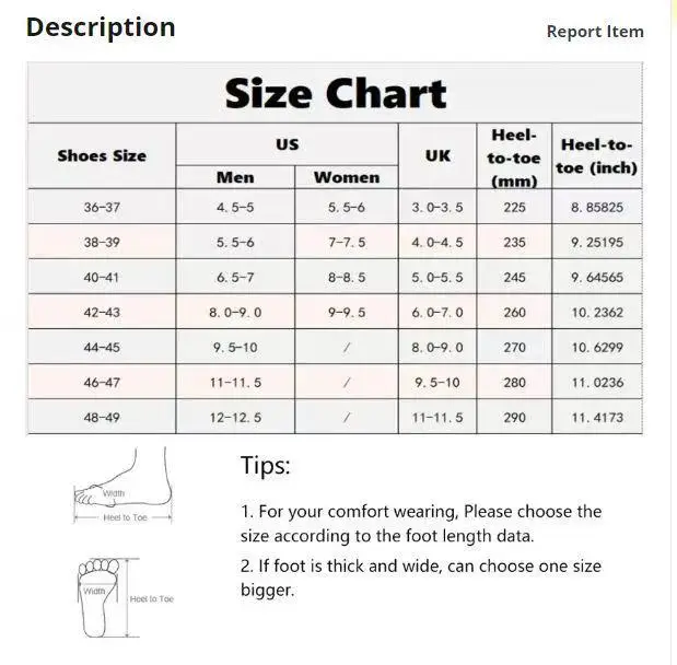 zise chart of the Summer Comfort Foam Shoes