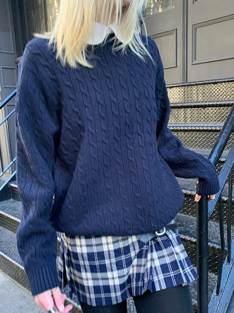 

Solid Twisted Flower Loose Sweater Women Autumn Cotton Round Neck Casual Pullover Tops Vintage Knitted Preppy Style Sweaters Y2k