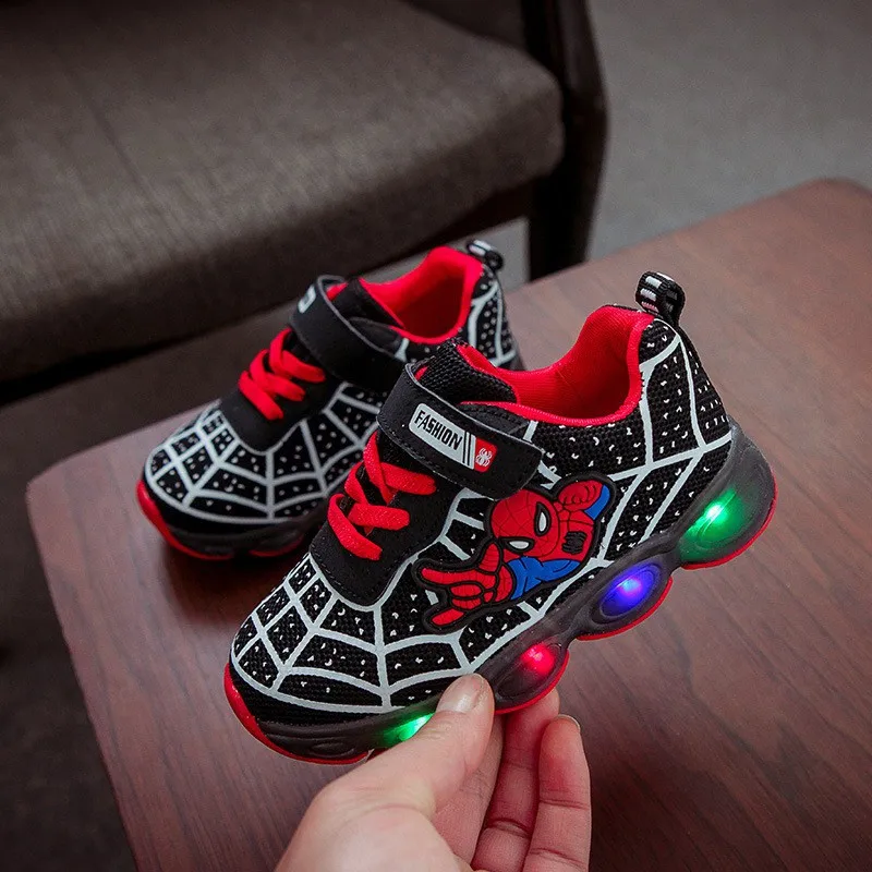 Disney LED Casual Cartoon Sneakers for Boys Spiderman Mesh Outdoor Shoes Children Cute Lighted Non-slip Shoes Size 21-30 Gifts