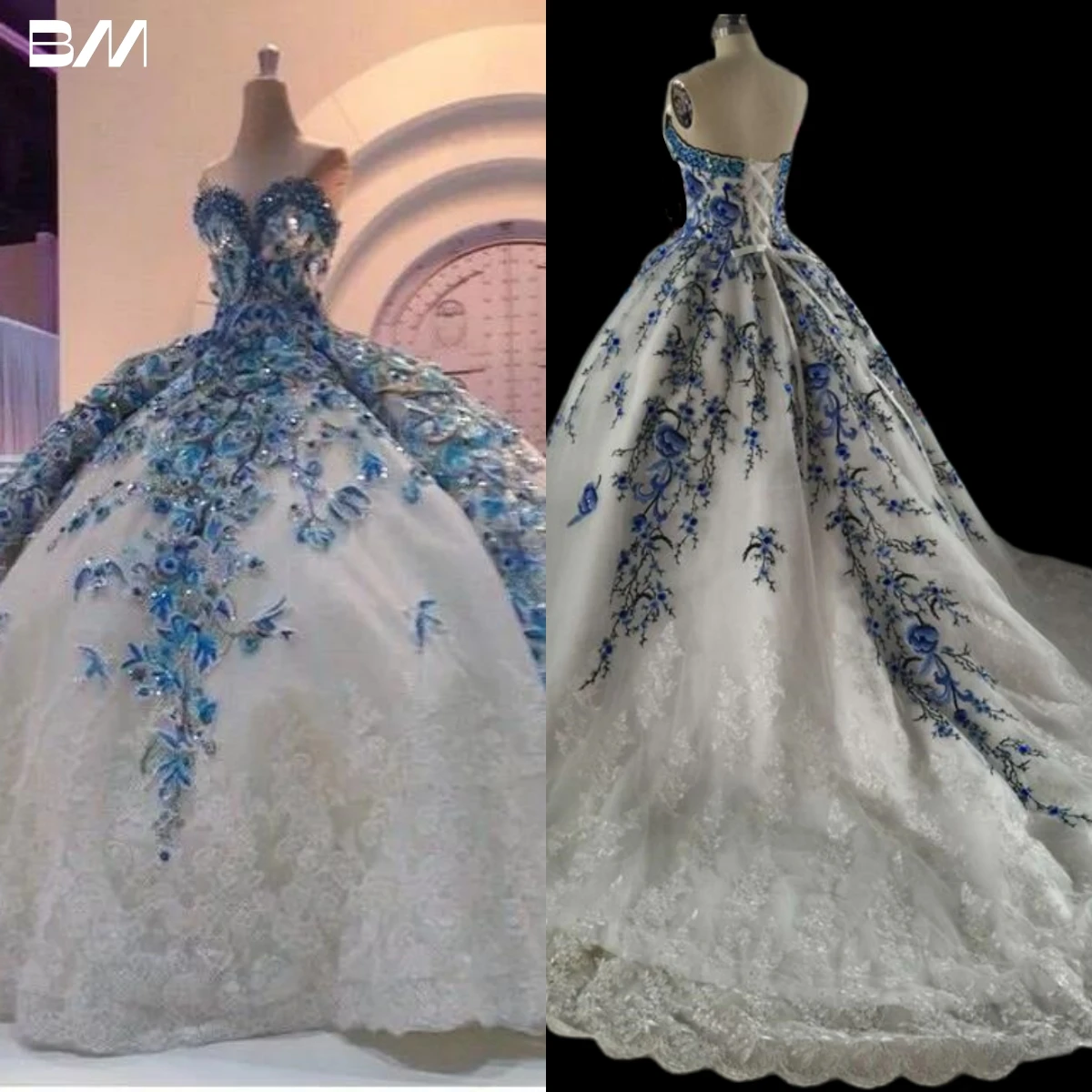 Amazing Arabic Ball Gown Wedding Dresses Blue Floral White Appliques Crystal Beaded With Huge Petticoat Bridal Dress Personalize