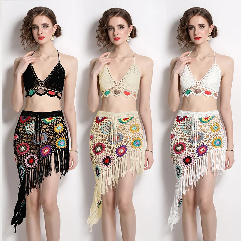 

Летний богемный трикотажный топ ручной вязки с вырезами и V-образным вырезом без бретелек с необычным оформлением