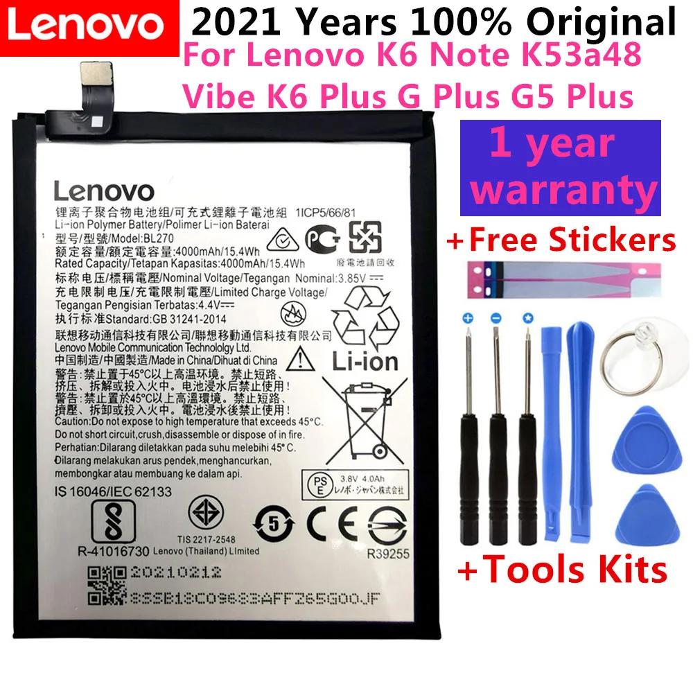 100% Оригинальный аккумулятор для Lenovo K6 K8 Note K53a48 Vibe G G5 Plus 4000 мАч BL270 Motorola Moto G6 Play xt3528