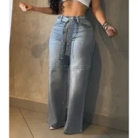 Women's Drilled Straight Leg Jeans Pants 2025 Stylish Baggy Pants Y2k Streetwear Outfit Wide Leg Loose Jeans Ladies Bottoms