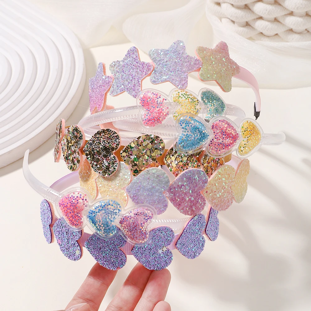 1/2pcs Transparent Quicksand Hairhoop Kids Girl Glitter Heart Sequin Cartoon Hairbands Children Headwear Baby Hair Accessories