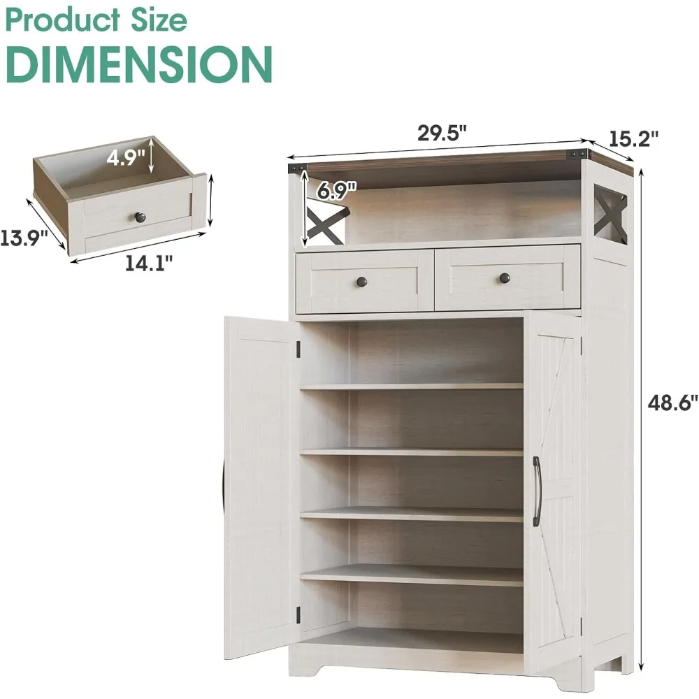 Shoe Cabinet with Doors, Farmhouse Storage Cabinet with 2 Drawers & Adjustable Shelves, Shoe Cabinet Storage Living Room 2
