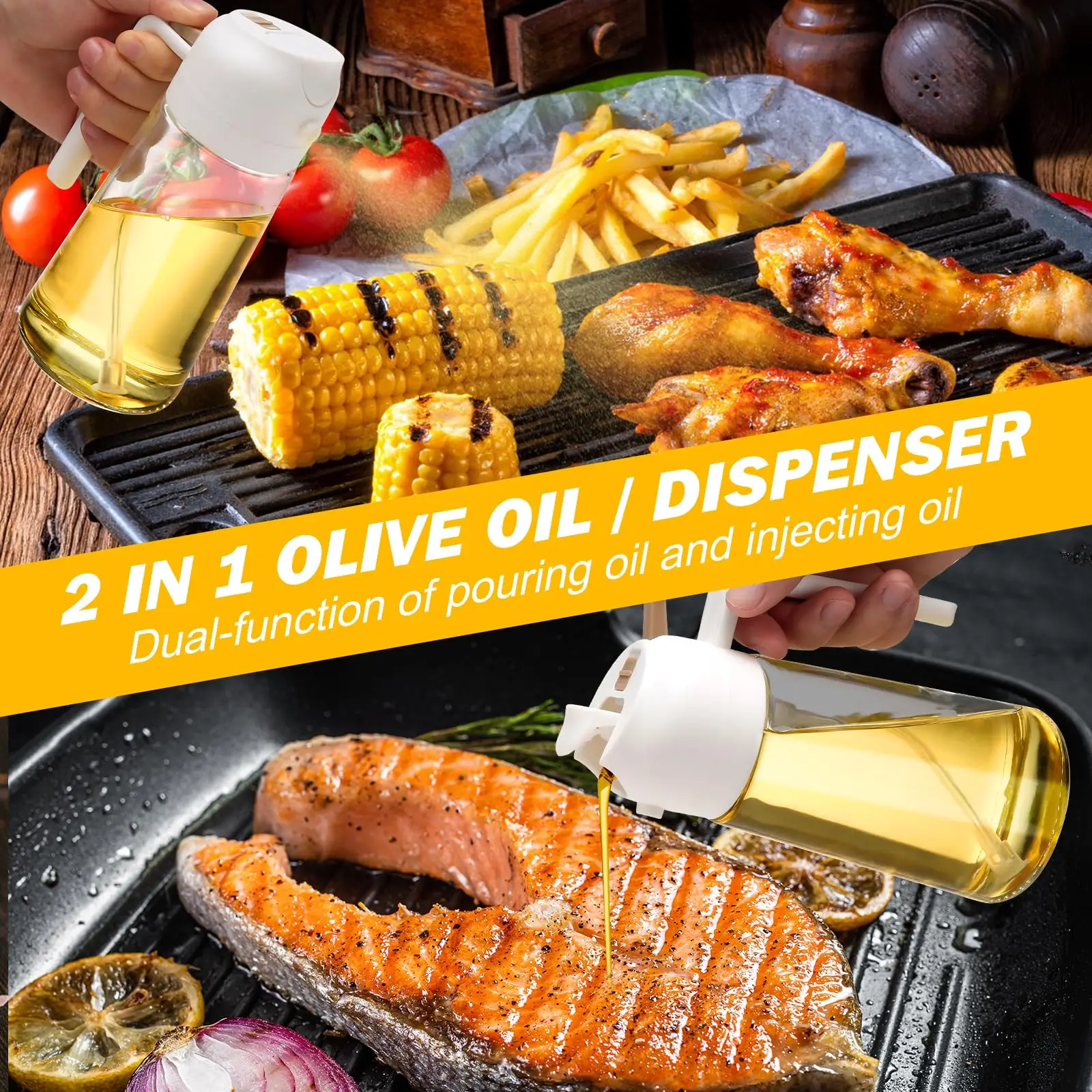 2 IN 1 Kitchen Oil Spray Bottle 500ml Heat-Resistant Food-Grade Plastic No Drip Design Sous Vide/Baking/Healthy Cooking