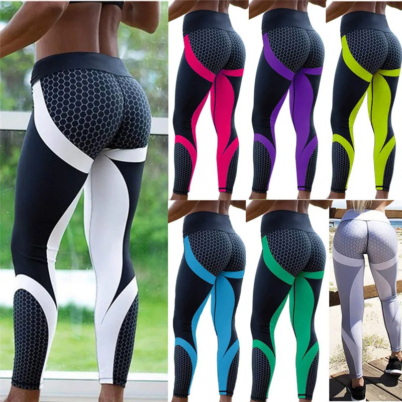 Womens High Waist Print Yoga Pants GYM Push Up Leggings Running Workout Trousers 