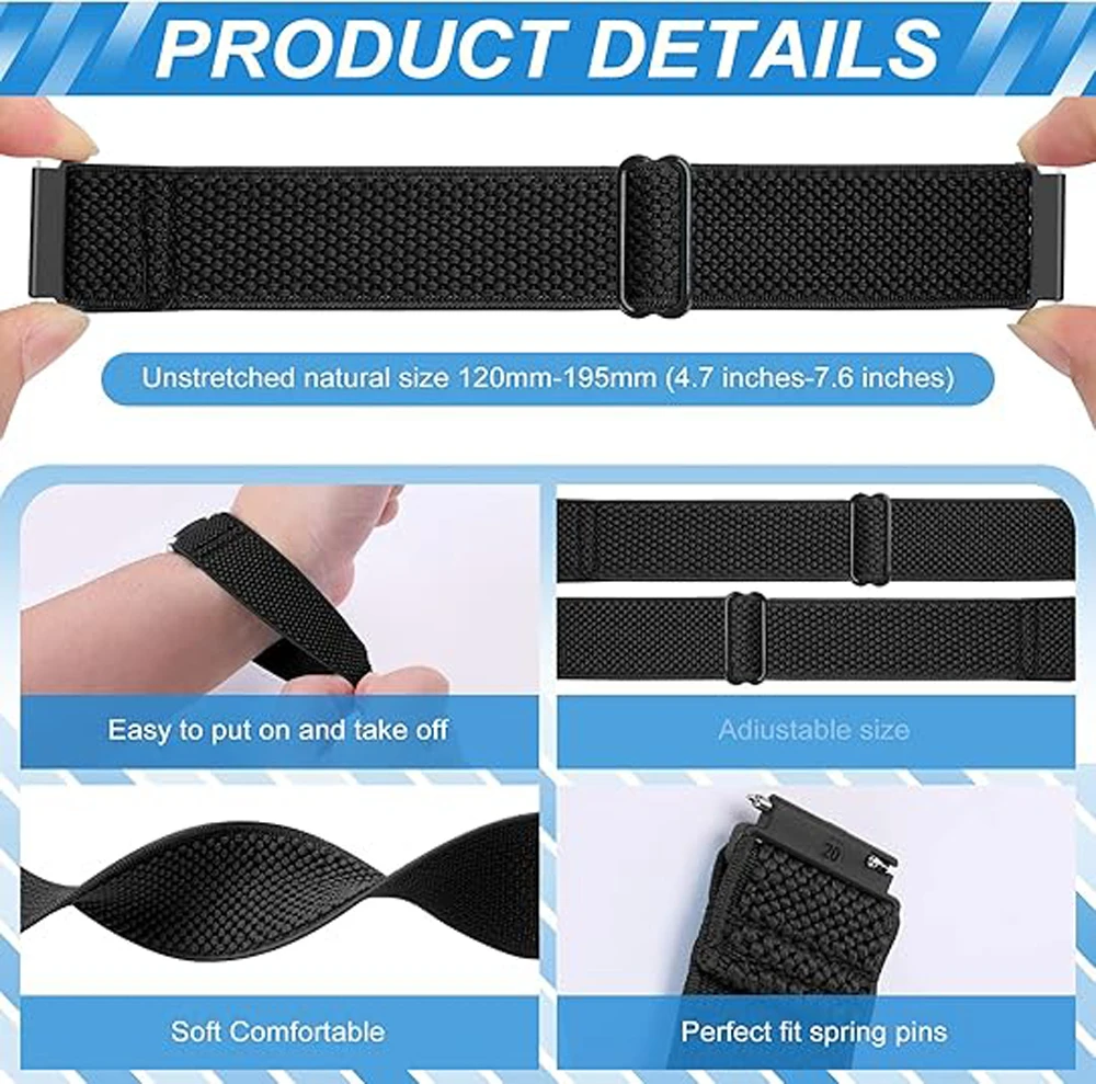 Adjustable Braided Elastic Watch Band - 20/22mm