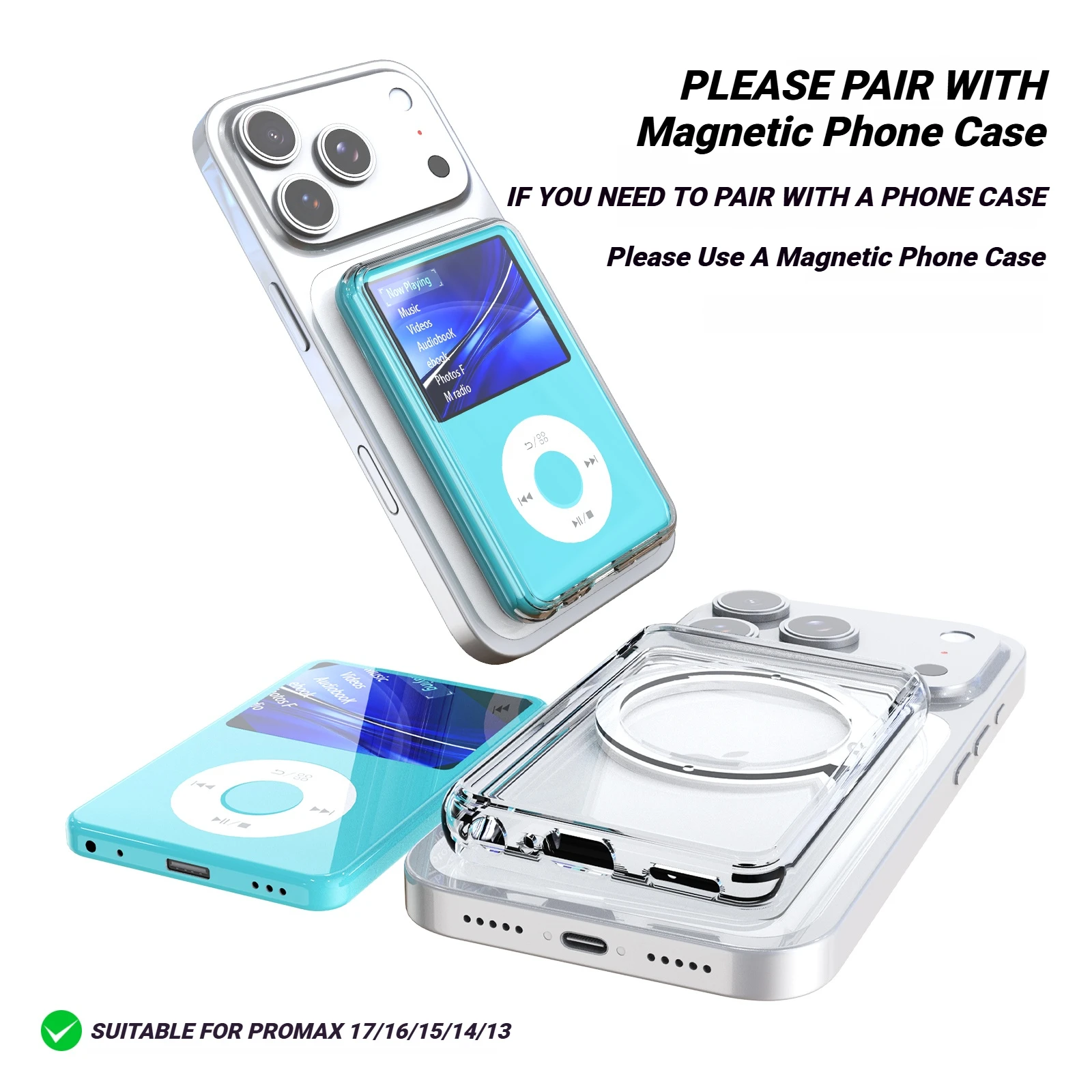 INNIOASIS Y1 휴대용 MP3 플레이어 커버용 자기 초박형 투명 TPU 케이스는 MagSafe 충전을 지원합니다.