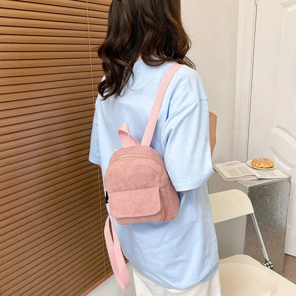 Vegan Corduroy Mini Backpack Women Small Minimalist Vintage Daypack Student Versatile School Bags Girls Travel Pack Rucksack