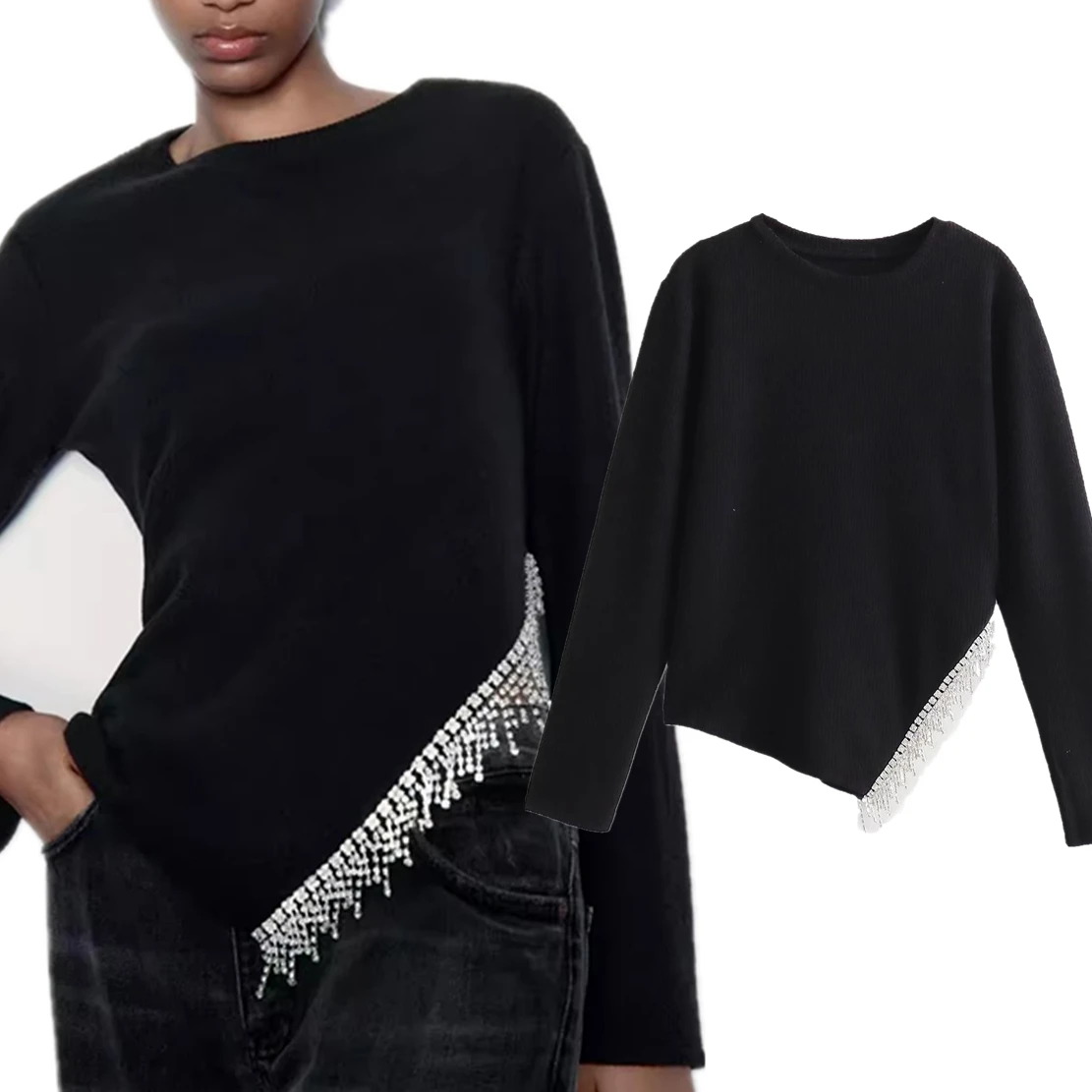 

Dave&Di British Fashion Asymmetric Tassel Bright Diamond Round Knitted T-shirt Neck Women's Autumn Long Sleeve Knitwear