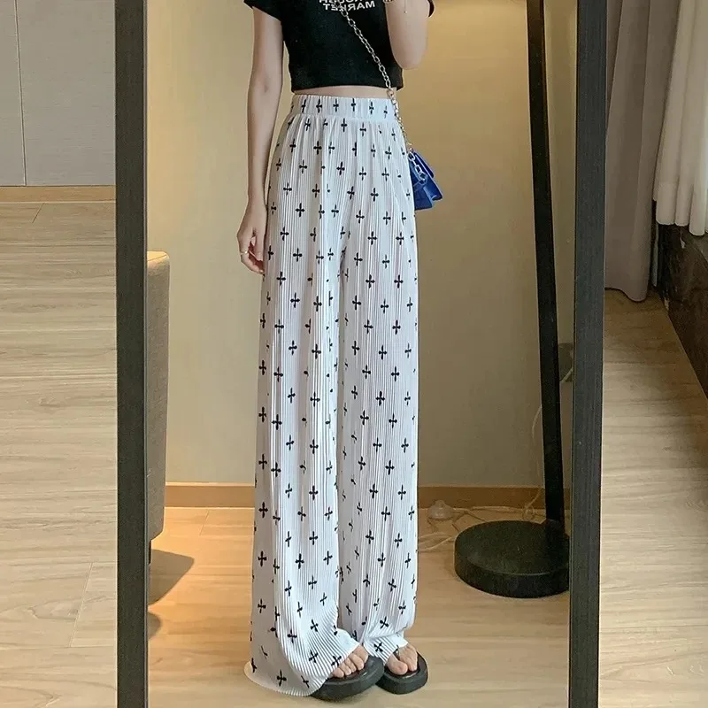 

Elastic High Waist Straight Pantslones Summer Women's Casual Spodnie 85 KG Oversize Pleated Print Wide Leg Pants Korean Baggy