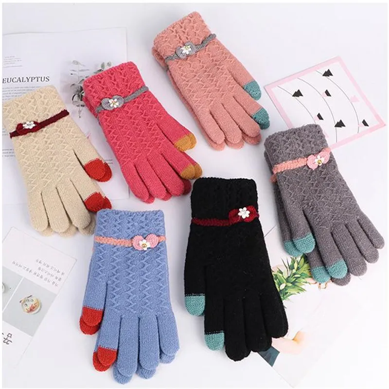 

Wecute Warmom Cashmere Knitted Touch Screen Gloves for Girl Winter Warm Fashion Bowknot Pure Color Soft Jacquard Glove for Women