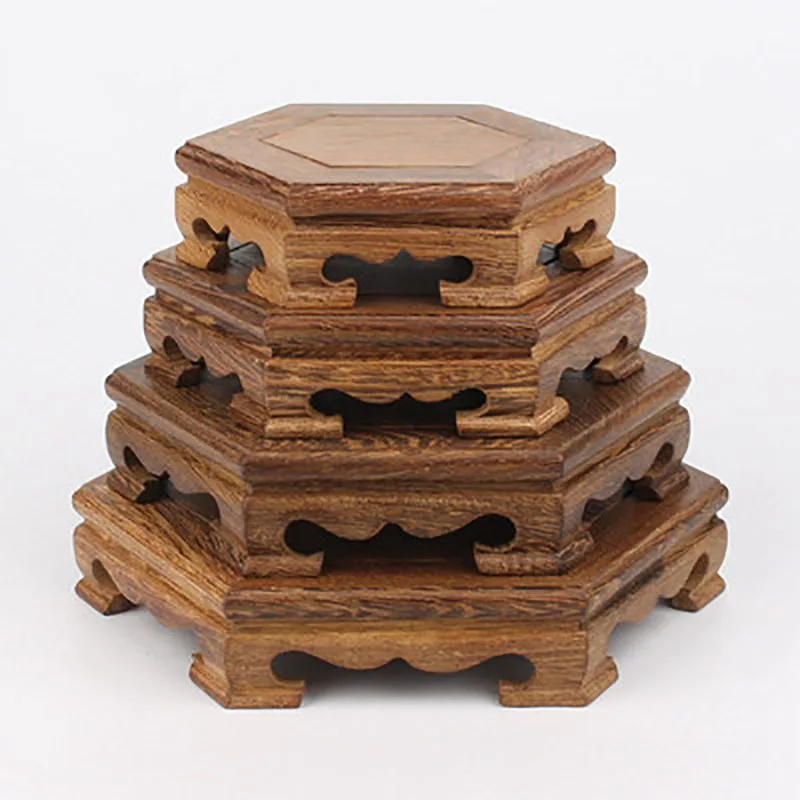 Hexagonal Square Tea Ceremony Cup Pad, Purple Clay Pot Base, Mahogany Solid Wood, Antique Decoration Base